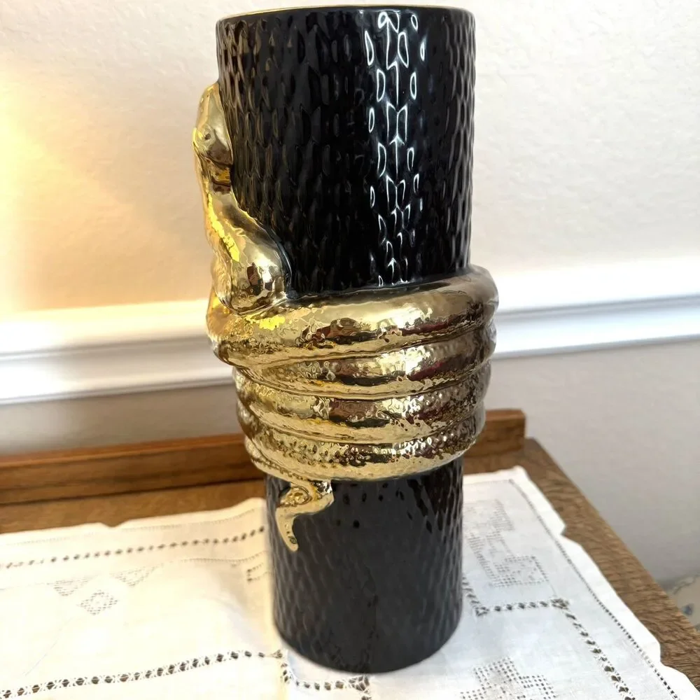 Vintage Black Gold Snake Serpent Vase 12” Hollywood Regency Maximalist Decor